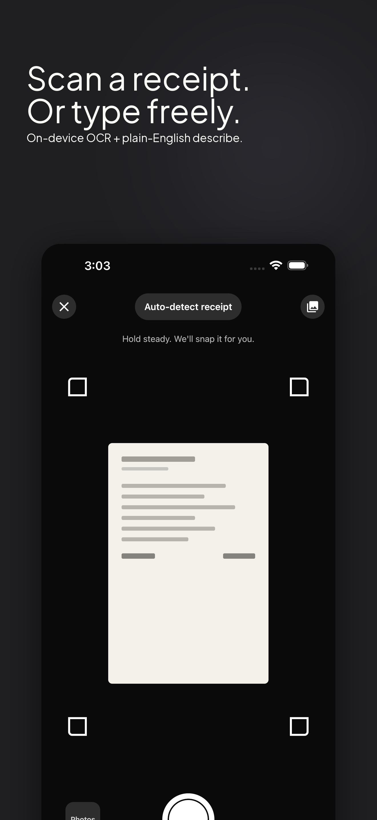 Scan a receipt or type freely — on-device OCR plus plain-English describe.